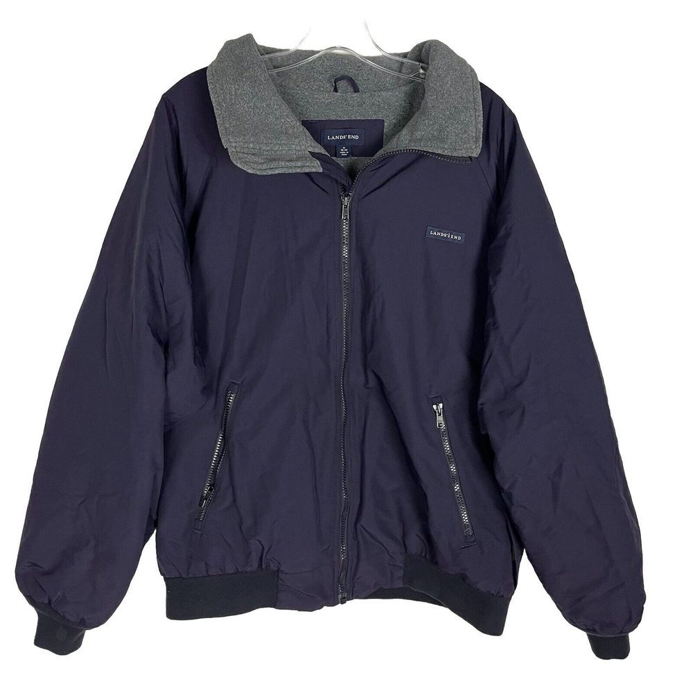 Lands End Thermacheck‎ Windcheck Coat Mens M 38-40 Blue/ Grey Fleece-Lined